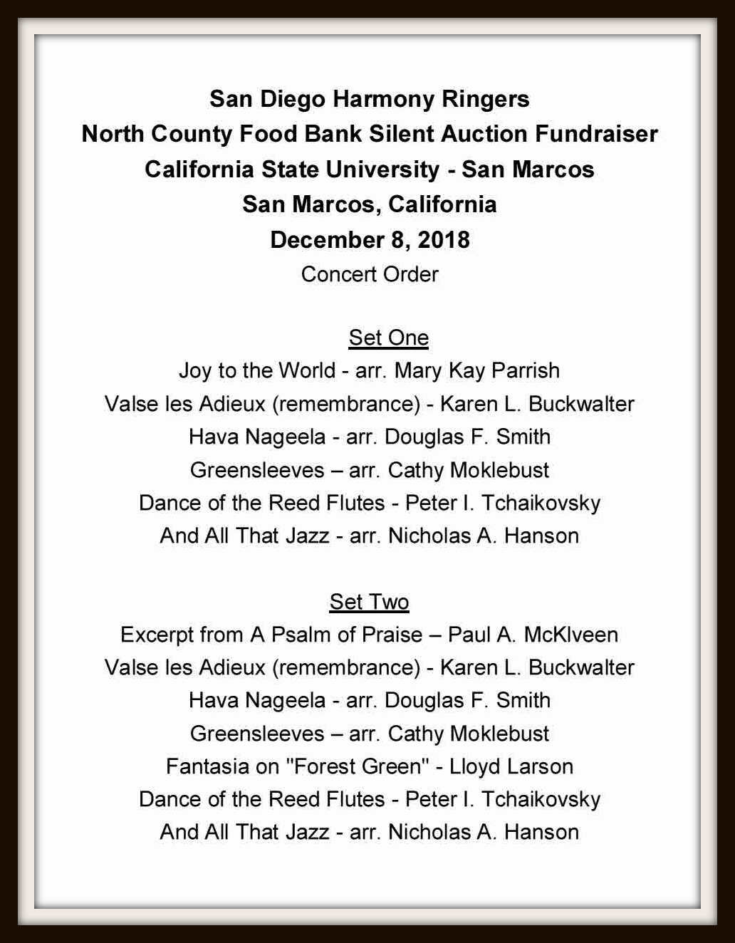 REV North County Food Bank Silent Auction Fundraiser CONCERT ORDER